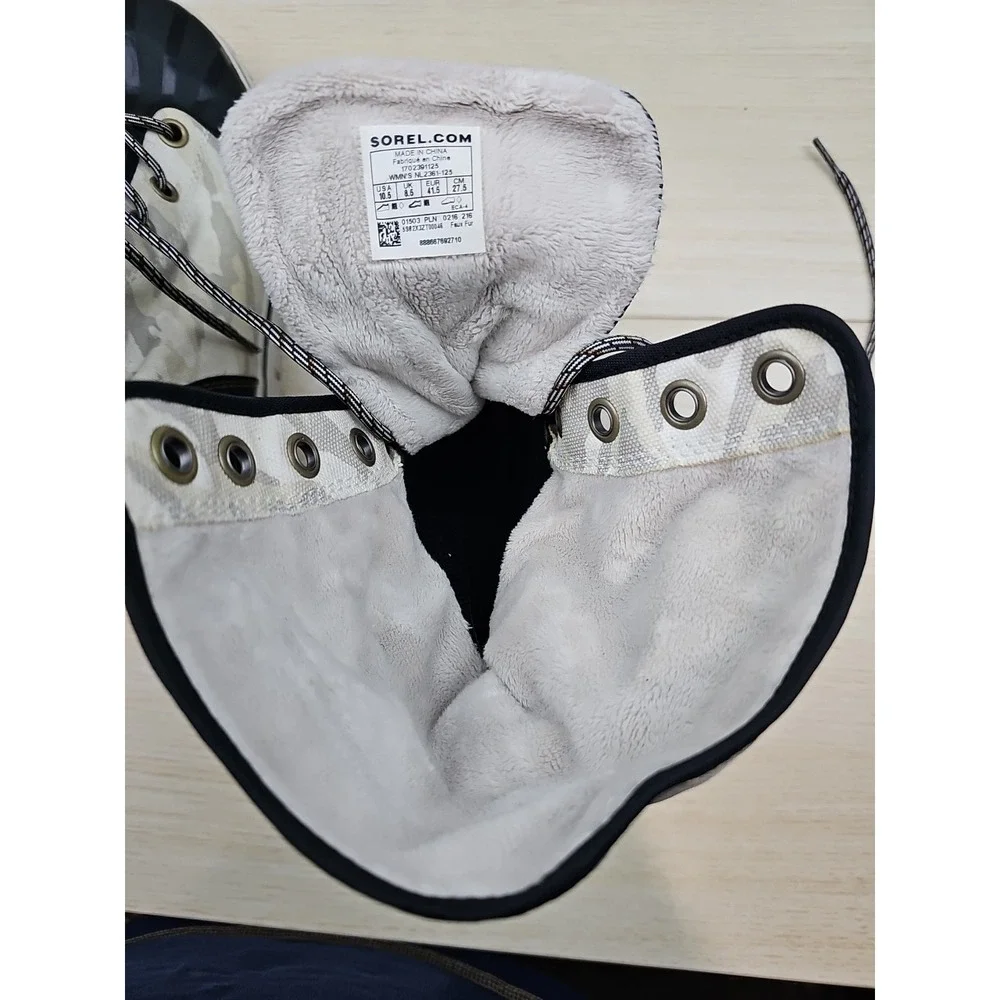 Sorel Winter Snow Boots Camo Womens Size 10.5‎ NL2361-125 White Black Waterproof
